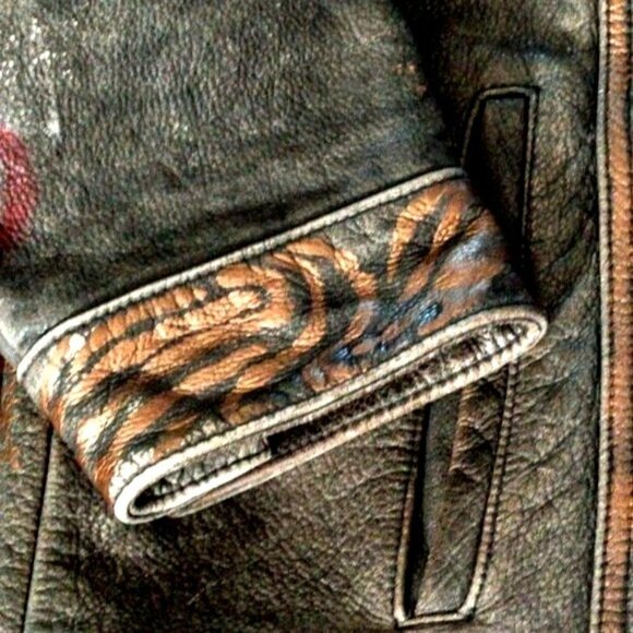 Vintage smoke gray distressed leather bomber jacket rivet closures hand painted - Picture 9 of 13